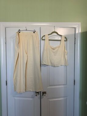 Cream Wide-Leg Pants with Matching Cropped Tank